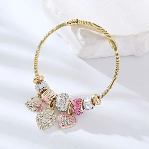 Bracelet Women Pink and Silver Charm Stainless Steel Gold-Tone - Picture 1 of 2